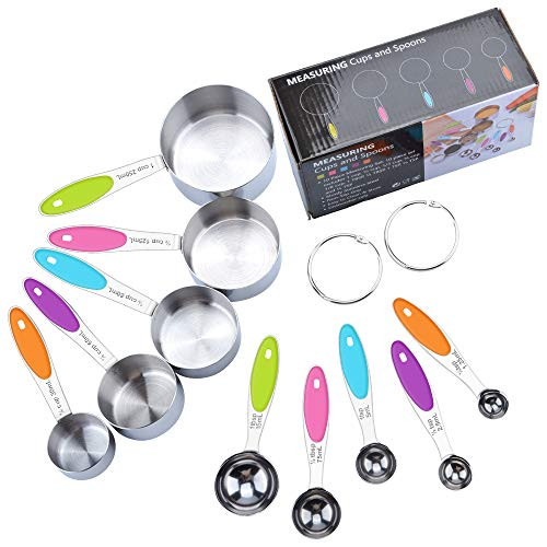 Qosea Stainless Steel Measuring Spoons and Cups Set  10 Pcs Measuring Cups and Measuring Spoons  with Silicone Handle  for Cooking and Baking  Colorful