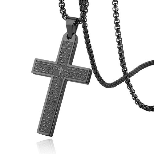 HZMAN Stainless Steel Mens Womens Cross Necklace Lord s Prayer Pendant  3 Colors Available  Black