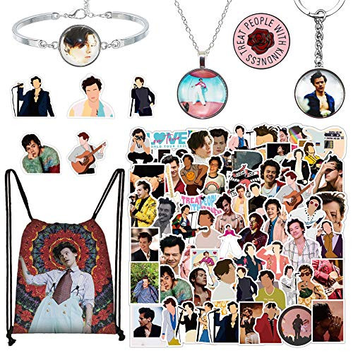 100 Pcs Harry Edward Styles Stickers with Harry Styles Drawstring Bag  Keychain  Necklace  Bracelet and Rose Button Pin  Popular British Singer Waterproof Decals for Laptop Water Bottles Phone