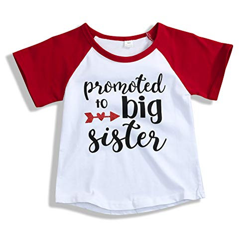 Toddler Girls T-Shirt Promoted to Big Sister Letters Print Kids Short Sleeve Tops  2-3 Years  Red
