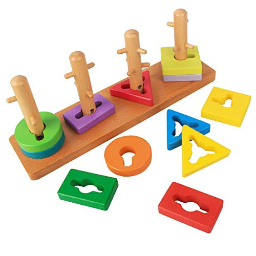 KIDS TOYLAND Wooden Sorting  and  Stacking Toys  Shape Sorter Montessori Toys for Toddlers  Color Recognition Stacker  Early Educational Block Puzzles for 1 2 3 Years Old Boys and Girls