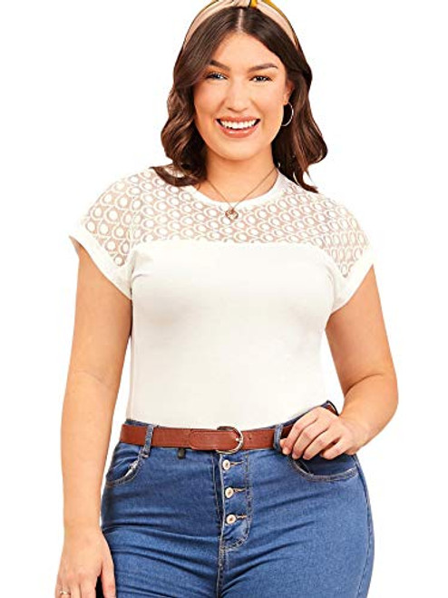 SOLY HUX Women s Plus Size Contrast Lace Short Sleeve Casual Tee Top White 2XL