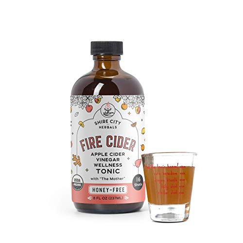 Fire Cider  Tonic  8 oz with shot glass  Honey-Free flavor  16 Daily Shots  Apple Cider Vinegar  Vegan  Whole  Raw  Organic  Not Heat Processed  Not Pasteurized  Not Diluted  Paleo  Keto  Whole 30.