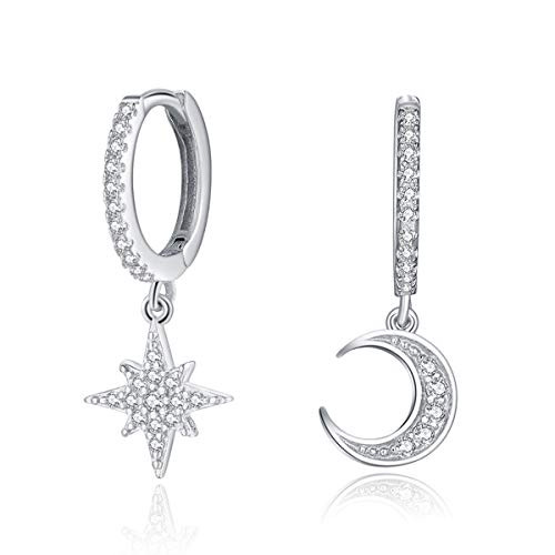 Moon Star Hoop Dangle Earrings for Women Small Hoop Earring with Cubic Zirconia Charm for Girls Sterling Silver Huggie Drop Earrings for Teens Silver Moon Star Hoop Dangle Earrings for Women Small Hoop Earring with Cubic Zirconia Charm for Girls Sterling Silver Huggie Drop Earrings for Teens Silver