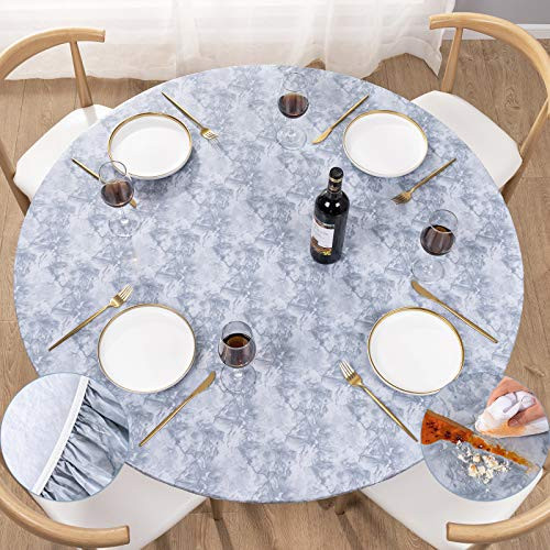 UMINEUX Round Fitted Vinyl Tablecloth with Elastic Edged  and  Flannel Backing  Waterproof Wipeable Round Table Cover for Indoor Outdoor Patio Use - Fits Tables up to 36 inch - 42 inch Diameter Grey Marble