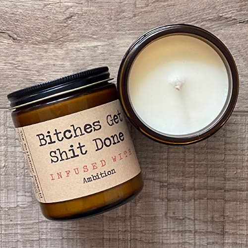 Bitches Get Shit Done Infused With Ambition   Premium Soy Wax Candle   The Malicious Mermaid   Amber Jar Candle   Made in USA   Snarky Candles   Scented Candles For Women And Men