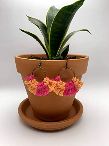 Macrame Fan Boho Earrings. Color Block French Pink and Cantaloupe