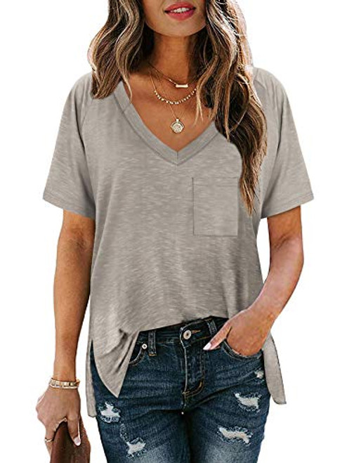 Loose Fitting Tops for Women V Neck Short Sleeve Pocket Womens Summer Shirts XXL