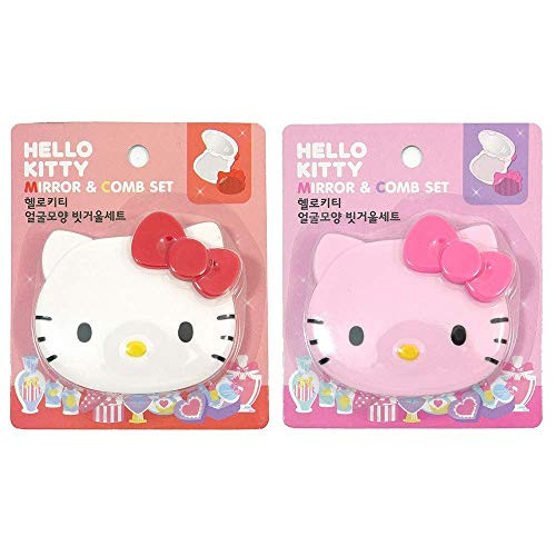 Sanrio Hello Kitty Die-Cut Compact Travel Handy Mirror Comb Set 1pc  Pink or Red   Red
