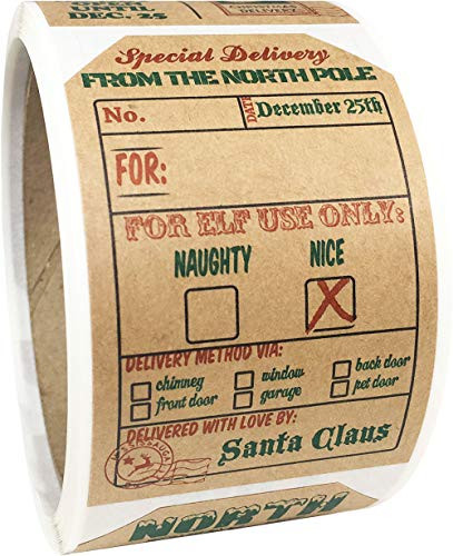 Natural Kraft from Santa Claus Stickers  2 x 3 Inch Christmas Gift Tags 100 Total Labels