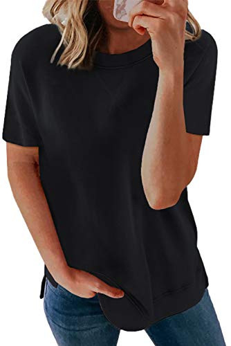 Womens Short Sleeve Crewneck Tshirts Loose Casual Tee T-Shirt Solid Color Summer Top Shirts Black