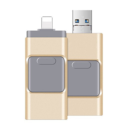 iPhone Lightning Flash Drive 32GB [3-in-1], USB 3.0 External Storage Memory Stick Adapter Expansion for iPad/iPod/Mac/Android/PC/iOS.(Gold) (32GB, Gold)