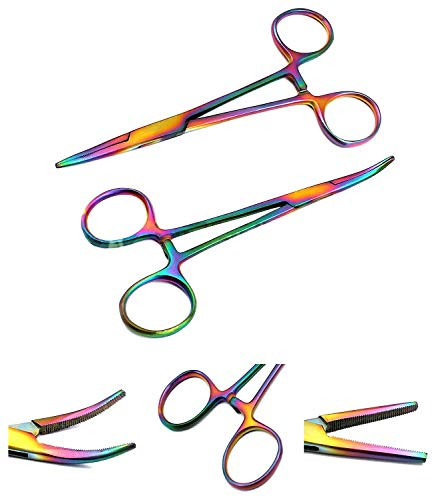 Set of 2 Pcs Premium Autoclaveable Crile Hemostat Forceps Clamps 5.5 inch Straight  and  Curved Rainbow Titanium Color