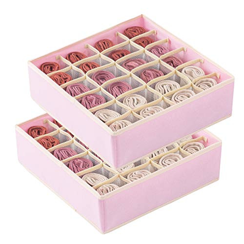 Qozary 2 Pack Socks Underwear Drawer Organizer Divider  24 Cell or 16 Cell Collapsible Cabinet Closet Organizer Storage Boxes for Clothes  Socks  Lingerie  Underwear  Ties  24 Cell  Pink