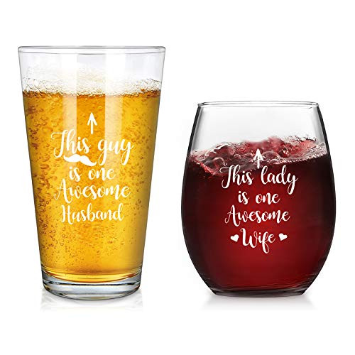 Modwnfy Husband  and  Wife Beer and Wine Glass Set  Great Couple Gift for Mr Mrs Couple Newlywed Husband Wife  Special Glass Set Idea for Wedding Engagement Birthday Valentines Day Anniversary  15 Oz