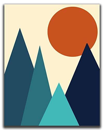 Abstract Geometric Sunrise And Sunset Mountain Wall Art Print - 11x14 inch UNFRAMED Print - Mid Century Modern  Minimal Mountain  and  Sun Wall Decor - Scandinavian  Nordic  Hygge Mountain House Decor