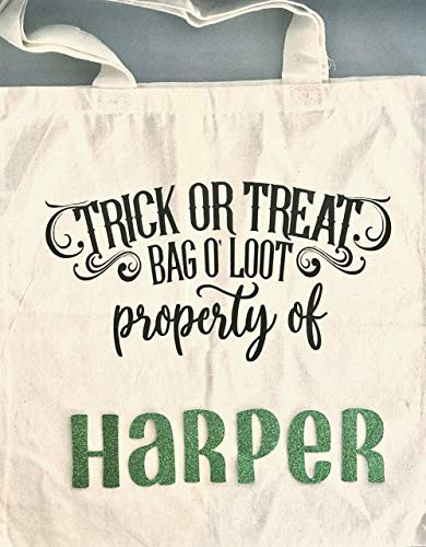 Personalized Green Halloween Trick or Treat Bag Kids Candy Bucket Canvas Candy Tote Bag Reusable Bag with Handles