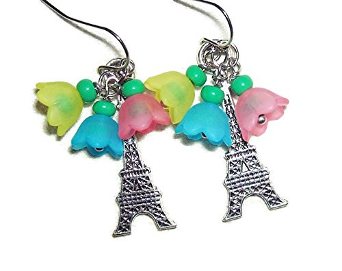 EIFFEL TOWER EARRINGS Springtime In Paris France Travel YELLOW BLUE PINK Flower DROPS DANGLE Silver Plt