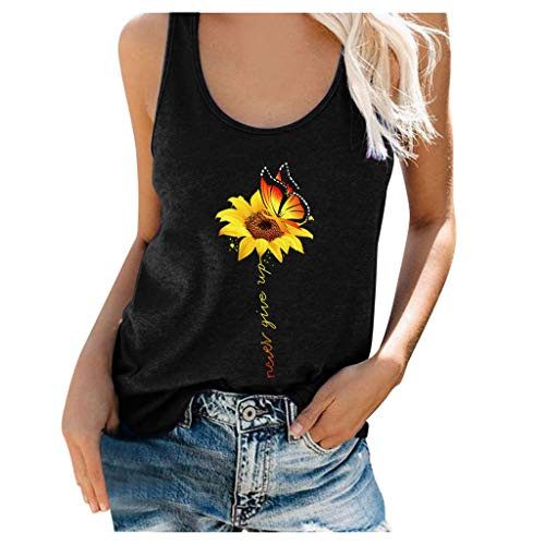 EdC_Blouse Womens Graphic Tank Tops Beach Sunflower and Never Give Up Letter Print Sleeveless Scoop Neck T-Shirt Tunic Shirts Black