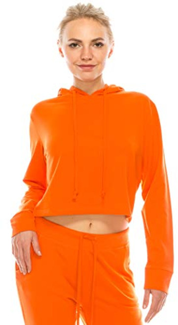 Women s Casual Crop Hoodie Sweatshirt - Long Sleeve Cute Cropped Plain Workout Drawstring Hooded Pullover Top FT4805 Orange M