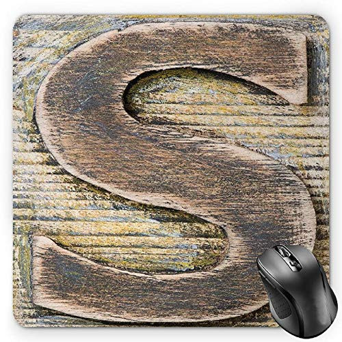 BGLKCS Letter S Mouse Pad  Wood Alphabet Block S Timber Texture Image Typography Writing Craft Font  Standard Size Rectangle Non-Slip Rubber Mousepad  Pale Yellow Tan Grey