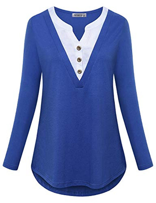 MOQIVGI Women Work Casual Shirts Long Sleeve Loose Fit Color Block Button Up Office Cute Notch V Neck Career Blouse Tops Blue Medium