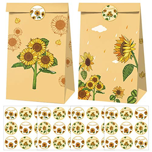 Cieovo 24 pcs Sunflower Party Favor Bags Paper Gift Bags  Goodie Candy Bags Kraft Treat Paper Bags with Stickers for Sunflower Theme Wedding Birthday Baby Shower Party Supplies Decoration