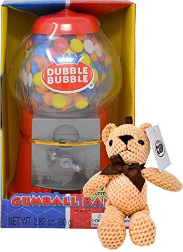 Classic Dubble Bubble 8.5 Inch Gumball Machine Coin Bank with Dubble Bubble Gumballs and By The Cup Teddy Bear  With Box