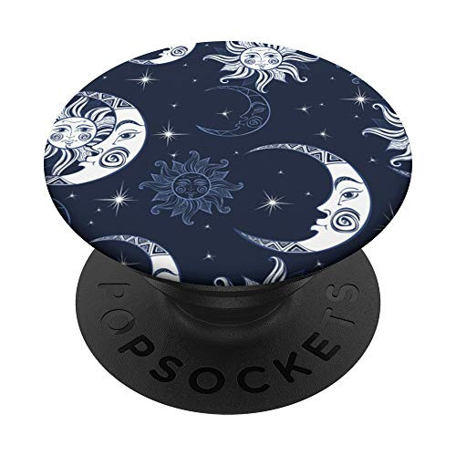 Black base White Sun Moon  and  Stars Boho Bohemian Pattern PopSockets PopGrip  Swappable Grip for Phones  and  Tablets