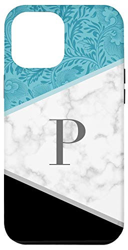 iPhone 12 Pro Max Floral Color Block Initial Letter P Monogram Teal Black Case
