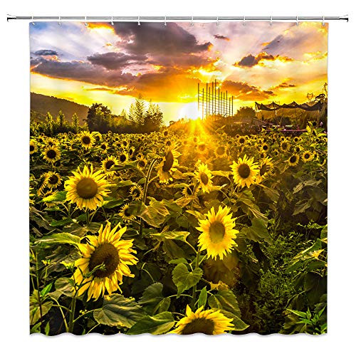BST Sunflower Field Shower Curtain Yellow Floral Sea Flower Sunshine Green Leaf Golden Bathroom Curtains Decor Polyester Fabric Quick Drying 70x70 Inches Include Hooks