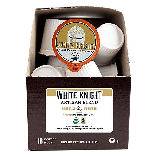 Fresh Roasted Coffee LLC  Organic White Knight Coffee Pods  Artisan Blend  Light Roast  18 Count