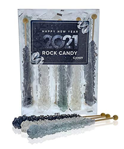 Happy New Year Rock Candy - 10 Pack - Silver  Black  and White Large Individually Wrapped Rock Candy Sticks
