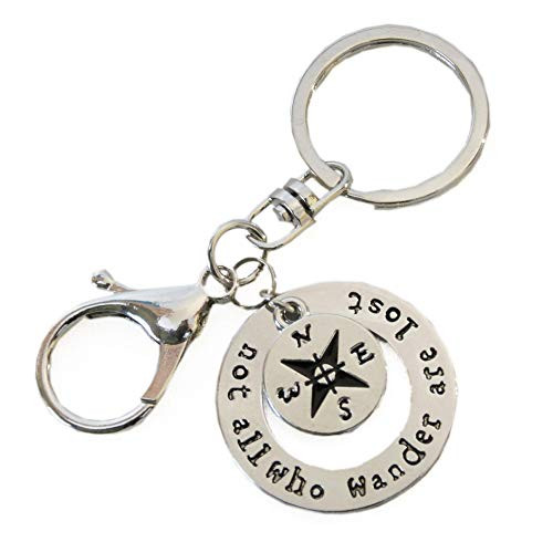 Travel Keychain - Not All Who Wander Are Lost - Compass - Camping Key Chain - Swivel Keyring and Clip - Travel Accessories