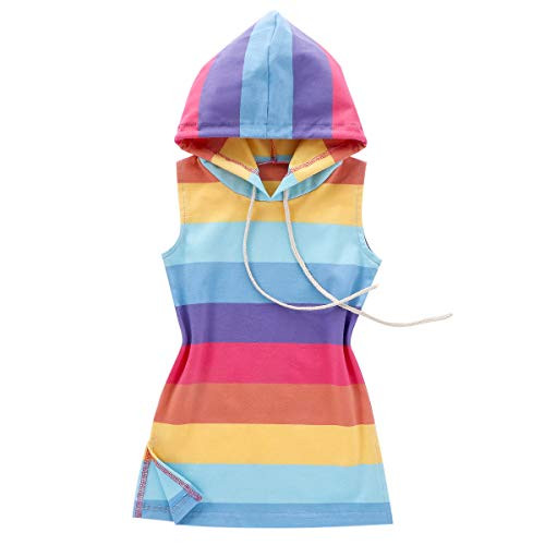 Toddler Baby Girl Summer Clothes Sleeveless Hooded Rainbow Striped Dress Princess Party Sundress  Multicolor  5-6 Years Toddler Baby Girl Summer Clothes Sleeveless Hooded Rainbow Striped Dress Princess Party Sundress  Multicolor  5-6 Years
