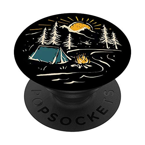 Black Camping Tent Campfire River Mountains Sunrise Trees PopSockets PopGrip  Swappable Grip for Phones  and  Tablets