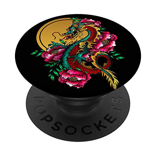 Japanese Dragon Golden Sun Lotus Flower PopSockets PopGrip  Swappable Grip for Phones  and  Tablets