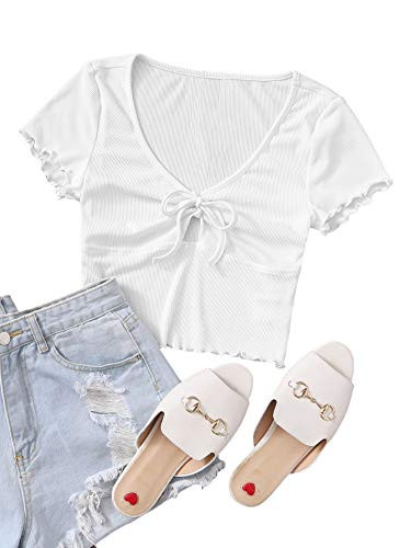 Romwe Women s Plus Size Tie Knot Front V Neck Short Sleeve Crop Tops Tee Shirts White 1XL