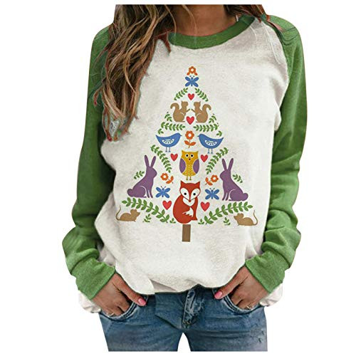 POTO Women s Pullover Sweatshirt Christmas Print Long Sleeve Sweaters Color Block Crewneck Lightweight Shirts Tops