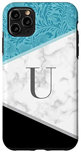 iPhone 11 Pro Max Floral Color Block Initial Letter U Monogram Teal Black Case