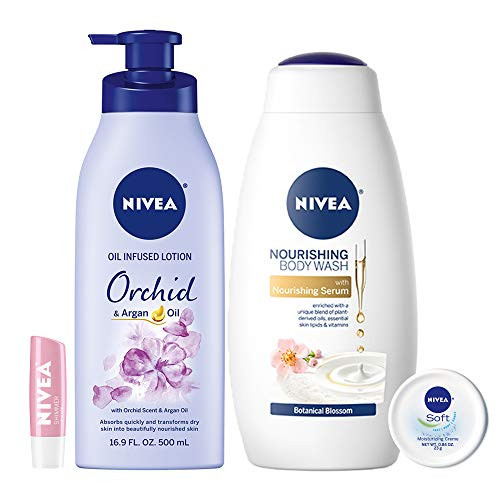 NIVEA In Bloom Variety Pack  4 Piece with Body Lotion  Body Wash  Lip Balm  and Multipurpose Cream