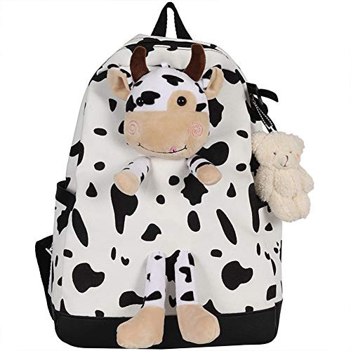 PPSPY Cartoon Cute Canvas Daypack with Plush Cow Pendant Cow Print Backpack Adorable Backpack for Women Lady Girls Outdoor Travel Shopping Bags