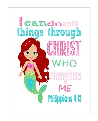 Ariel Mermaid Princess Christian Nursery Decor Art Print - I Can Do All Things Through Christ Who Strengthens Me - Philippians 4 13