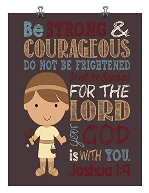 Biblical Superhero - Christian Wall Art Print David and Goliath Nursery Decor - Be Strong  and  Courageous Joshua 1 9 Bible Verse - Nursery  Playroom or Kids Room Decor