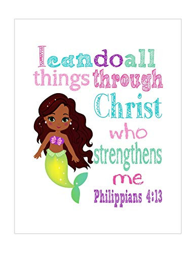 African American Ariel Mermaid Christian Princess Nursery Print  I Can Do All Things Through Christ Who Strengthens Me - Philippians 4 13