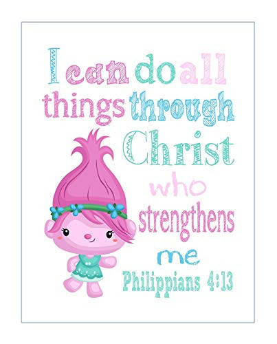 Poppy Trolls Christian Nursery Decor Print - I Can do all things through Christ who strengthens me - Philippians 4 13