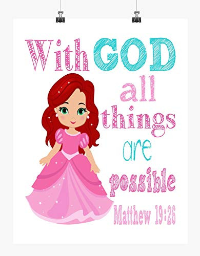 Ariel Princess Christian Nursery Decor Print - With God All Things Are Possible Matthew 19 26