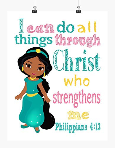 African American Jasmine Christian Princess Nursery Decor Art Print - I Can Do All Things Through Christ Who Strengthens Me - Philippians 4 13