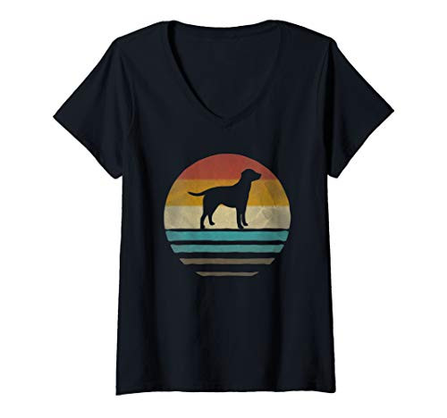 Womens Retro Vintage Sunset Labrador Retriever Dog Breed Silhouette V-Neck T-Shirt