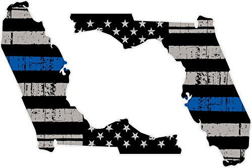 Thin Blue Line Florida Pair   5 inch Reflective Tattered American Flag Police Support Graphic Decal Stickers